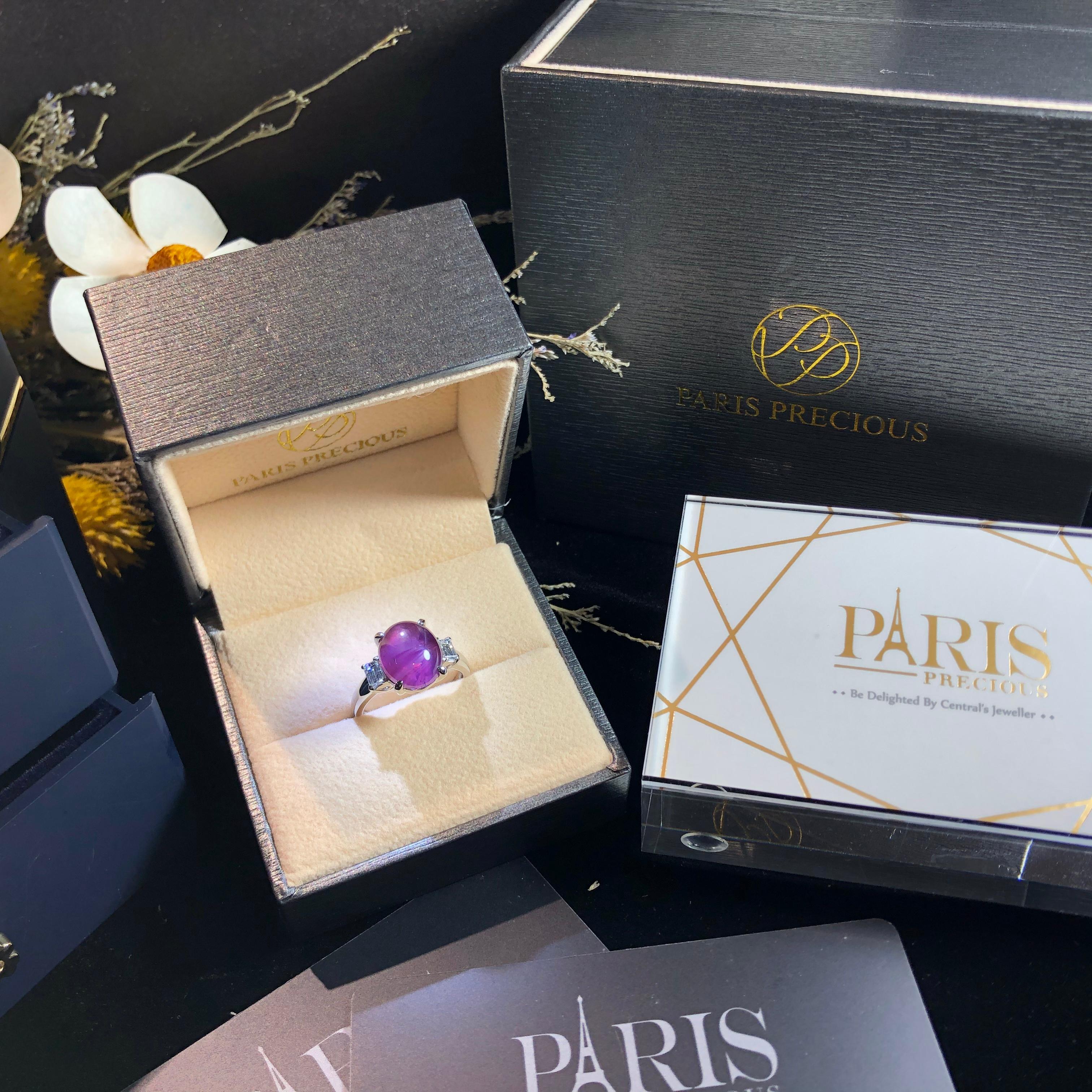 Paris Craft House 8.07 Carat GRS Unheated Cabochon Star Sapphire Diamond Ring For Sale 4