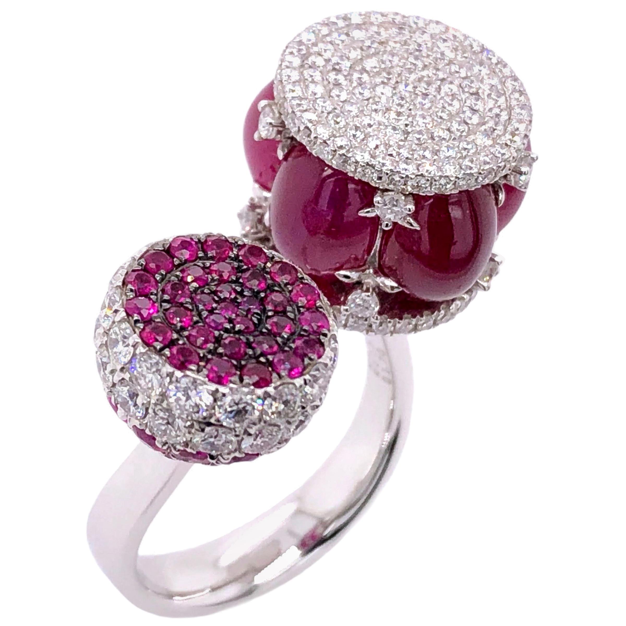 Paris Craft House 9.33 Carat Cabochon Ruby Diamond Ring in 18 Karat White Gold For Sale