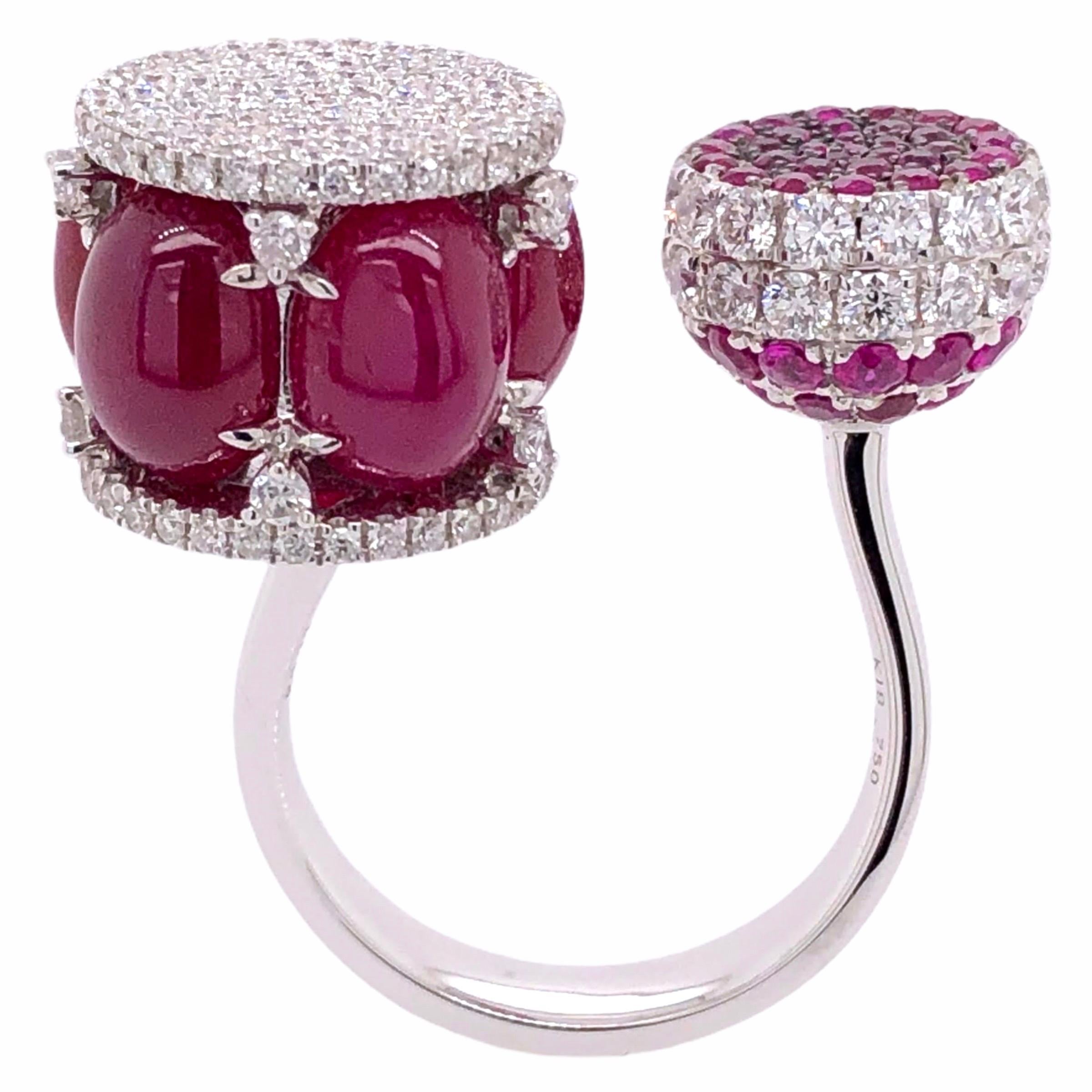 PARIS Craft House Cabochon Ruby Diamond Ring in 18 Karat White Gold.

- 5 Cabochon Rubies/9.33ct
- 54 Round Rubies/1.13ct
- 201 Round Diamonds/1.70ct
- 18K Rose Gold

Designed and crafted at PARIS Craft House.