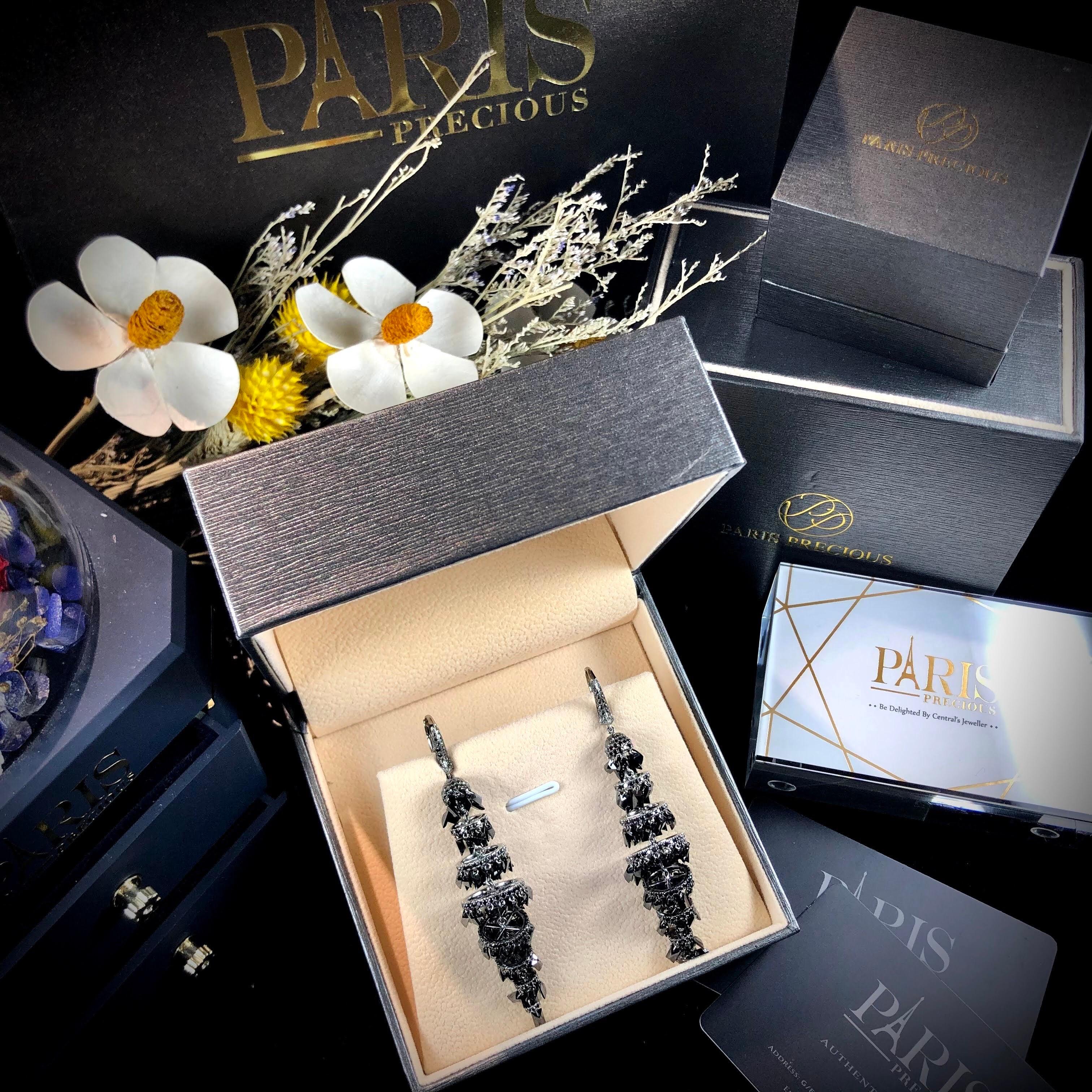 Baguette Cut Paris Craft House Black Diamond Chandelier Earrings in 18 Karat Gold For Sale