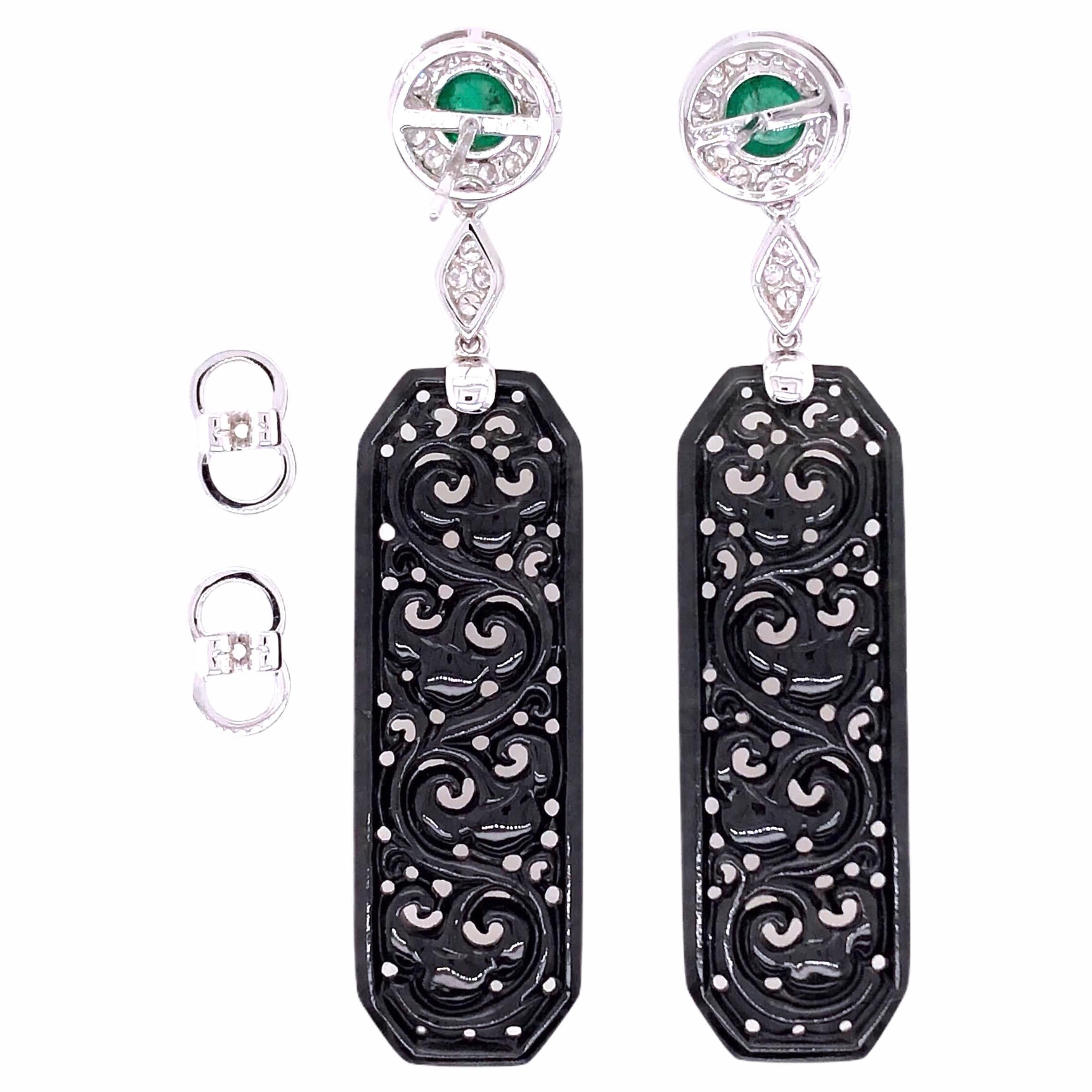 PARIS Craft House Onyx Emerald Diamond Earrings in 18 Karat White Gold.

- 2 Jadeite
- 2 Cabochon Emeralds/1.07ct
- 36 Round Diamonds/0.58ct
- 18K White Gold

Designed and crafted at PARIS Craft House.