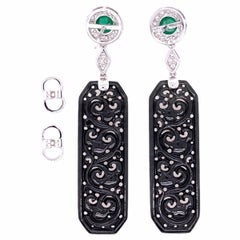 Paris Craft House Black Jadeite Emerald Diamond Earrings in 18 Karat White Gold