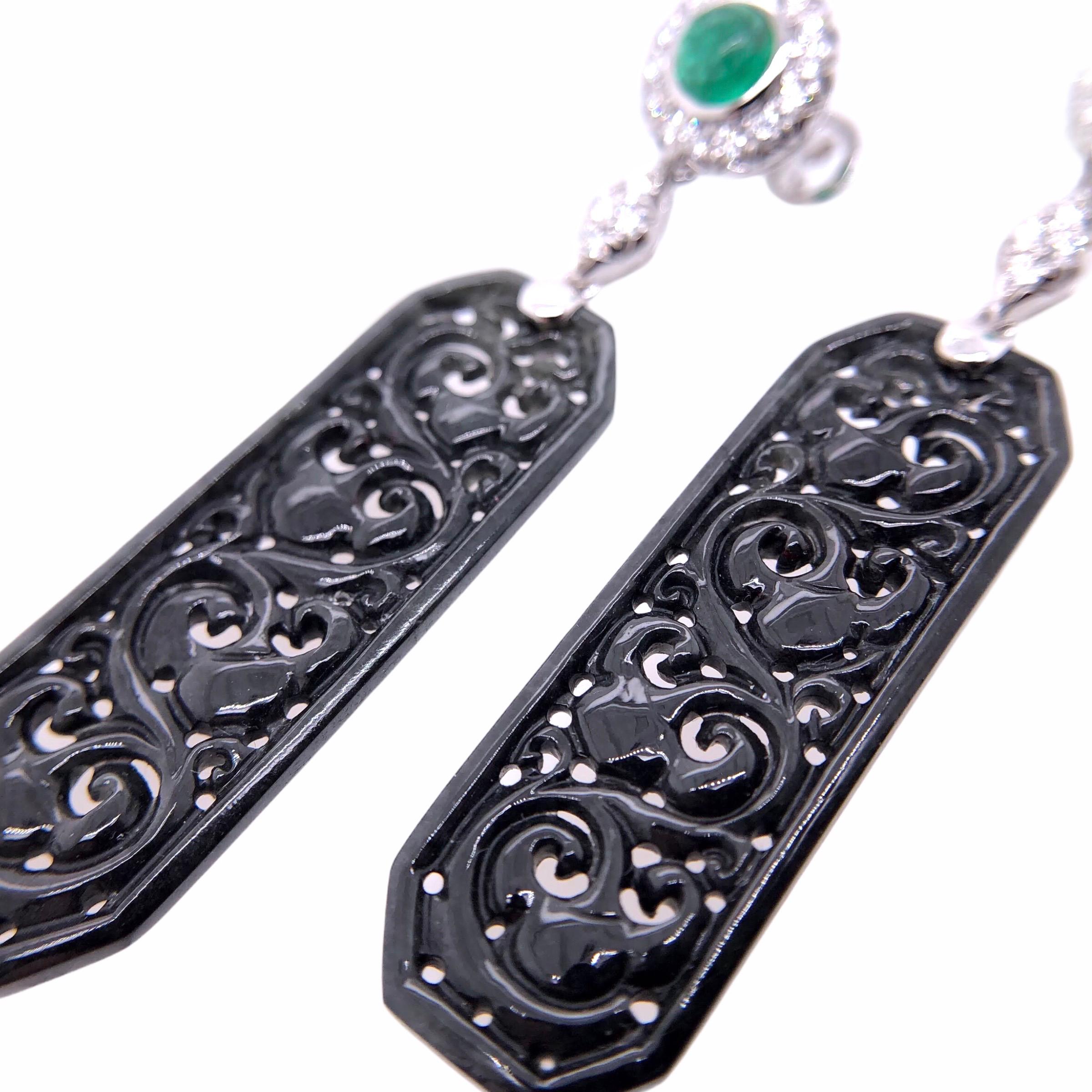 Medieval Paris Craft House Black Jadeite Emerald Diamond Earrings in 18 Karat White Gold For Sale