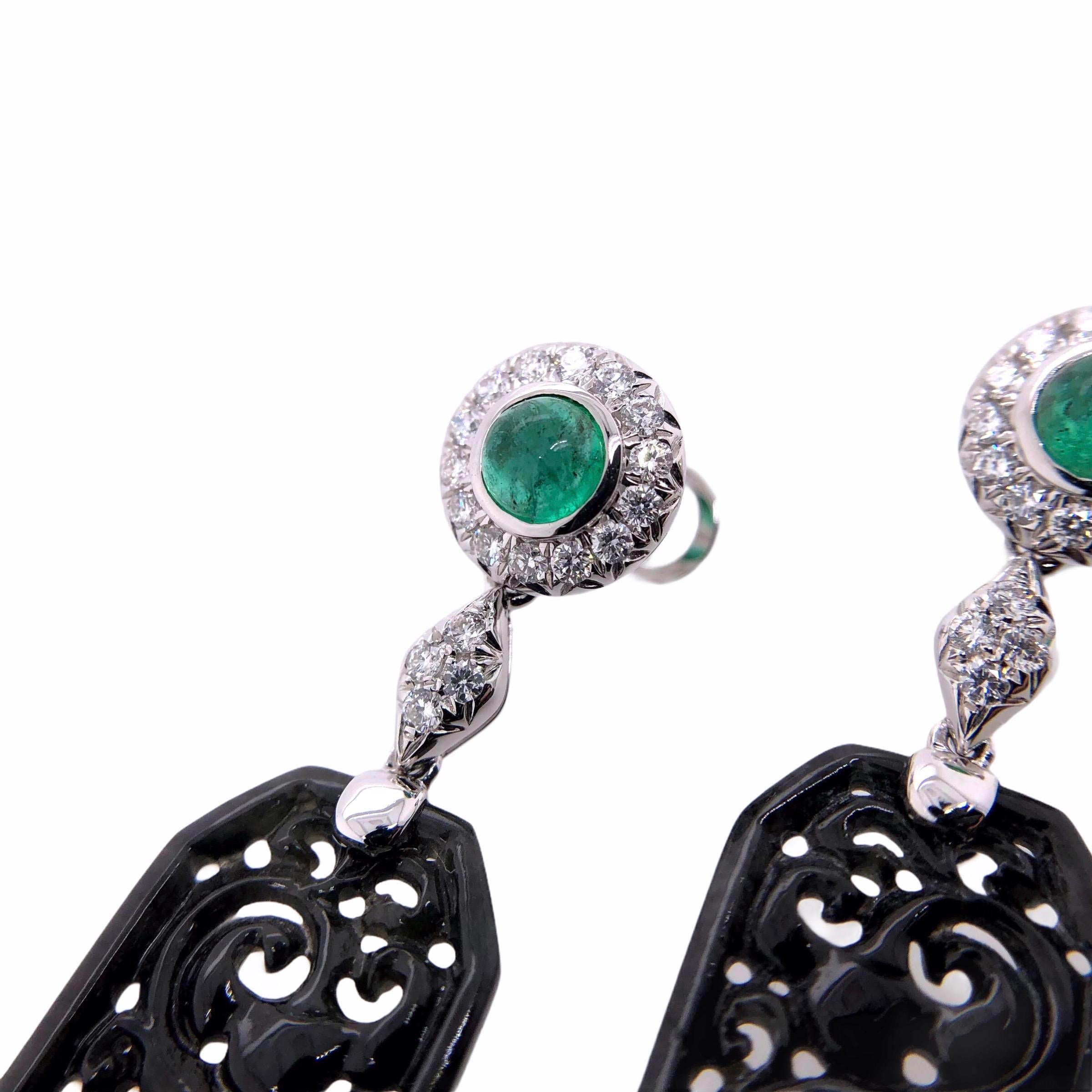 Cabochon Paris Craft House Black Jadeite Emerald Diamond Earrings in 18 Karat White Gold For Sale