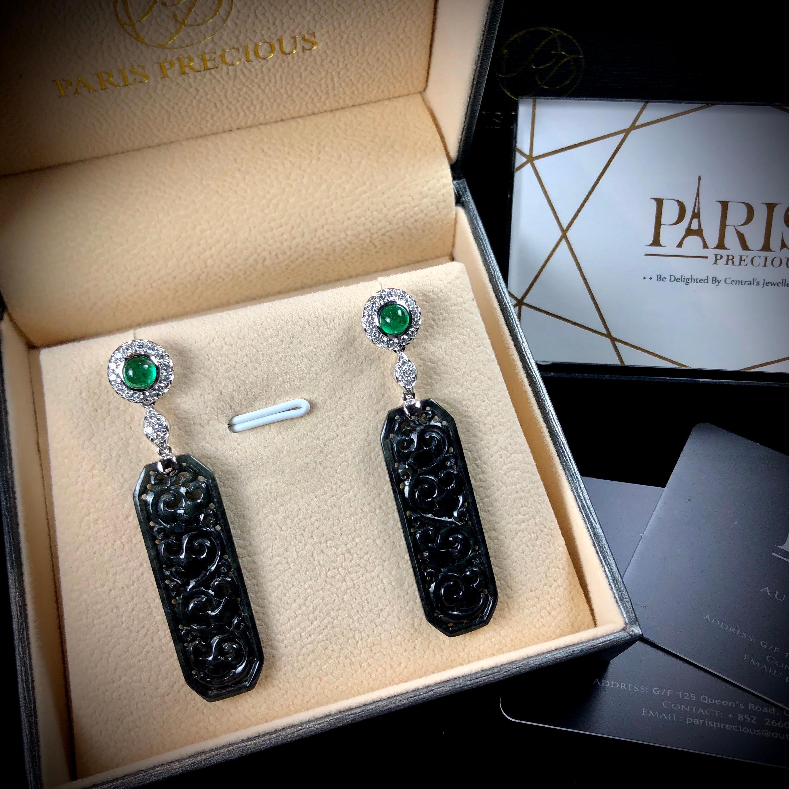 Paris Craft House Black Jadeite Emerald Diamond Earrings in 18 Karat White Gold In New Condition For Sale In Hong Kong, HK