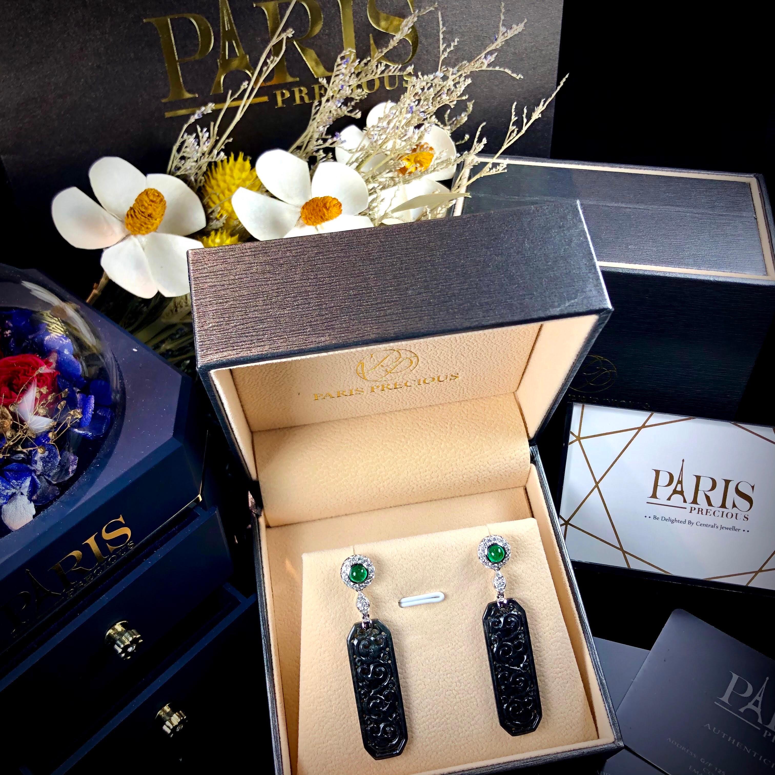 Women's Paris Craft House Black Jadeite Emerald Diamond Earrings in 18 Karat White Gold For Sale