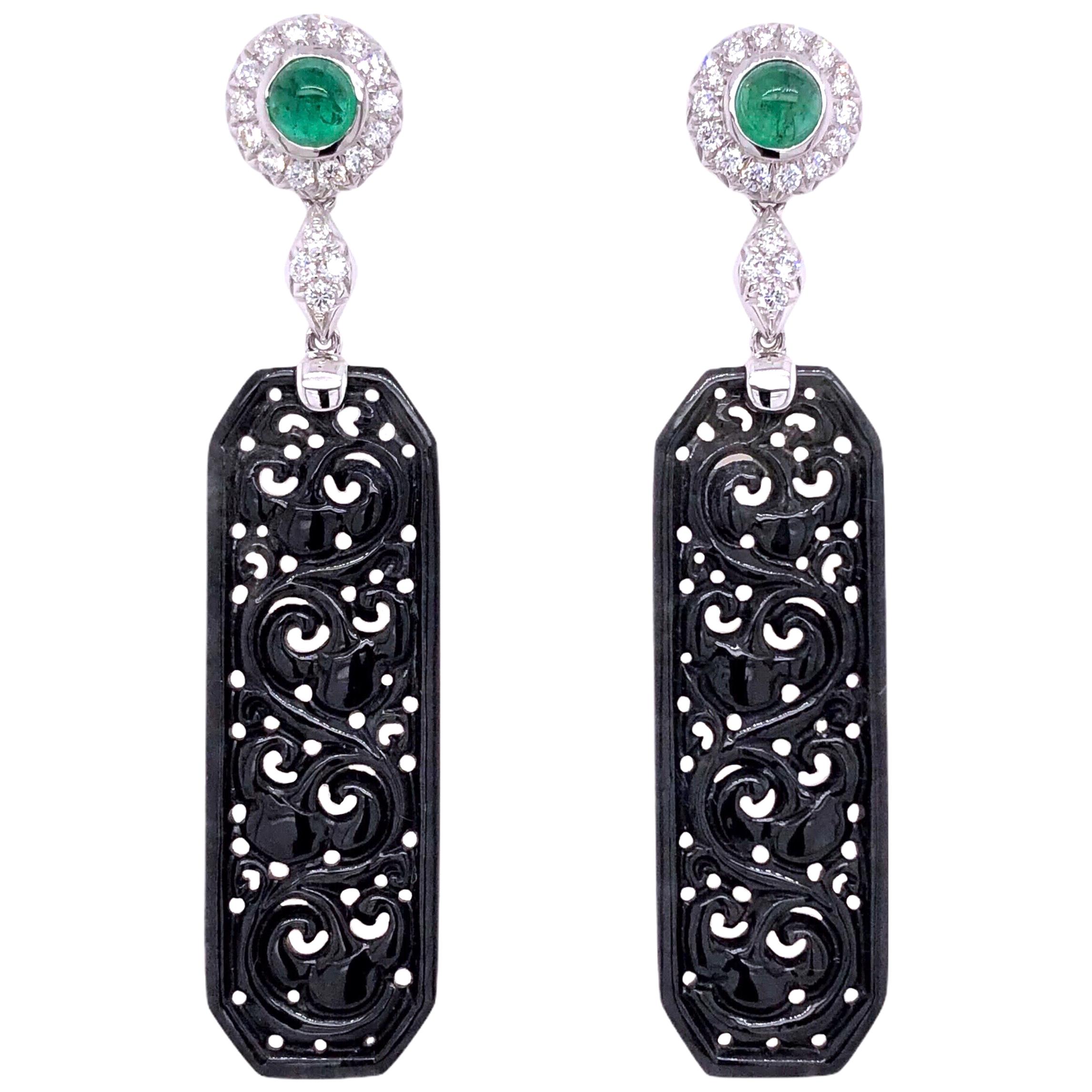 Paris Craft House Black Jadeite Emerald Diamond Earrings in 18 Karat White Gold For Sale