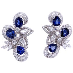 Paris Craft House Blue Sapphire Diamond Earrings in 18 Karat White Gold