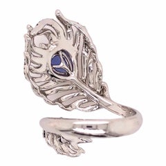 Paris Craft House Blue Sapphire Diamond Feather Ring in 18 Karat White Gold