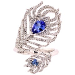 Paris Craft House Blue Sapphire Diamond Feather Ring in 18 Karat White Gold