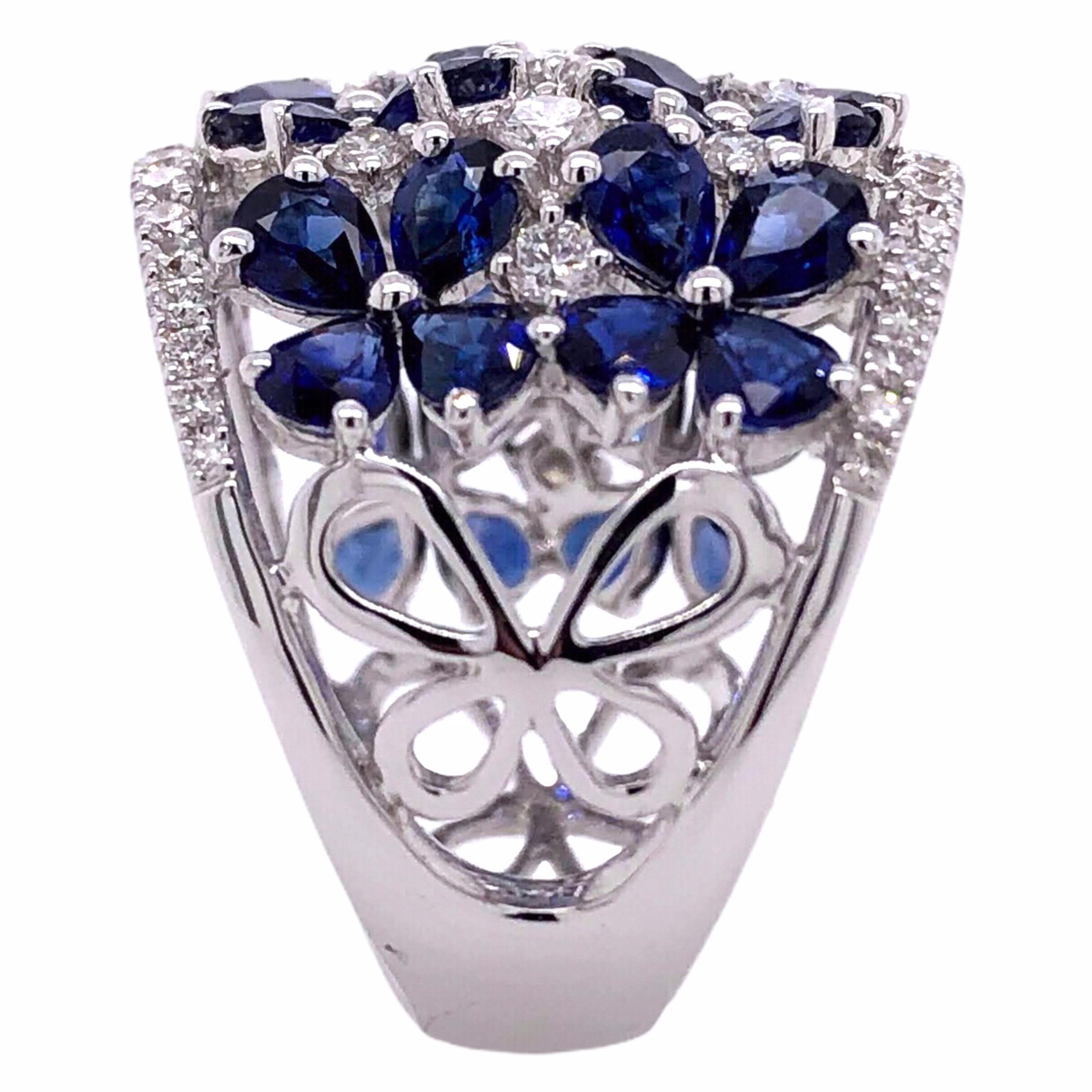Modern Paris Craft House Blue Sapphire Diamond Floral Ring in 18 Karat White Gold For Sale