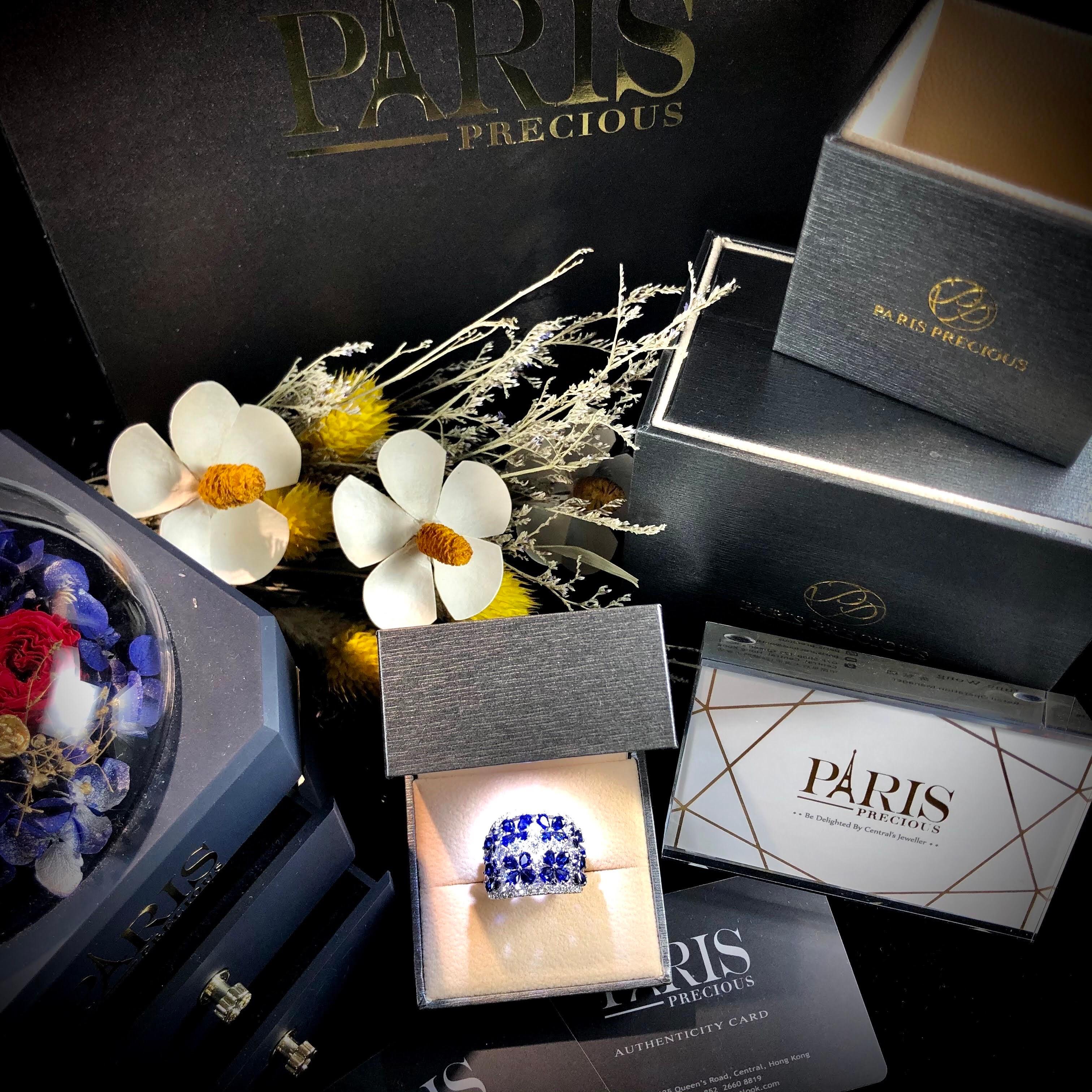 Women's Paris Craft House Blue Sapphire Diamond Floral Ring in 18 Karat White Gold For Sale
