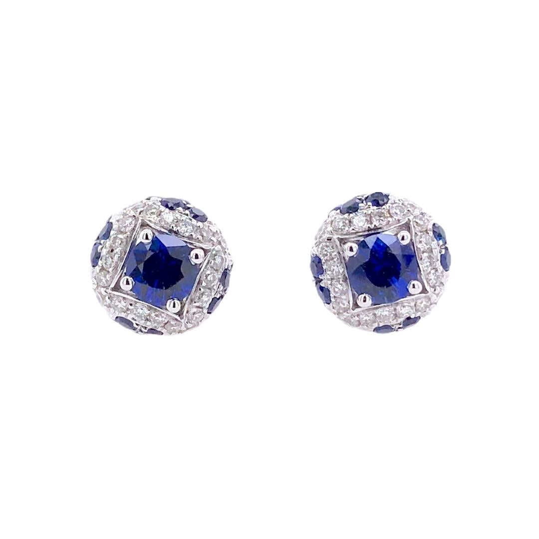 PARIS Craft House Blue Sapphire Diamond Stud Earrings in 18 Karat White Gold.

- 58 Round-cut Blue Sapphires/1.24ct
- 56 Round Diamonds/0.28ct
- 18K White Gold/2.94g

Designed and crafted at PARIS Craft House.