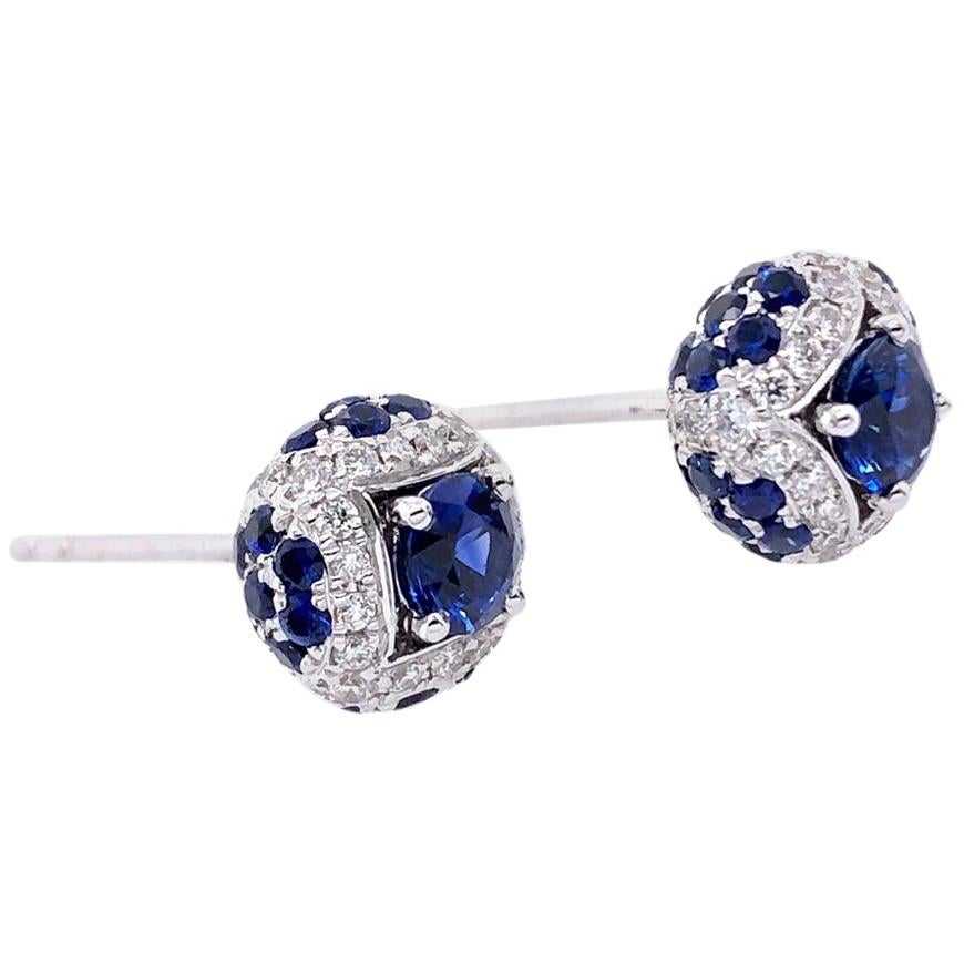 Paris Craft House Blue Sapphire Diamond Stud Earrings in 18 Karat White Gold For Sale