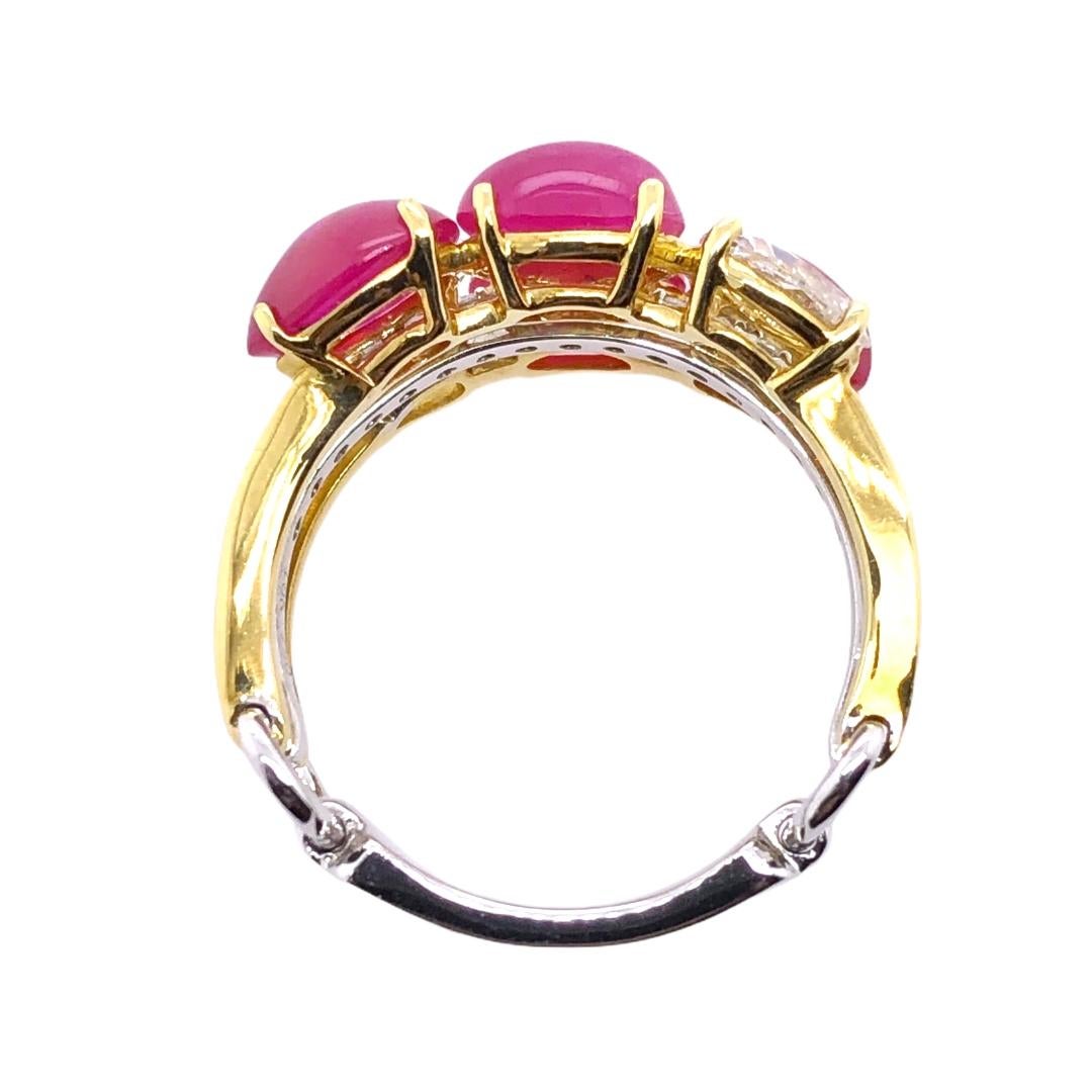 Early Victorian Paris Craft House Cabochon Ruby Diamond Cluster Ring in 18k White/Yellow Gold For Sale