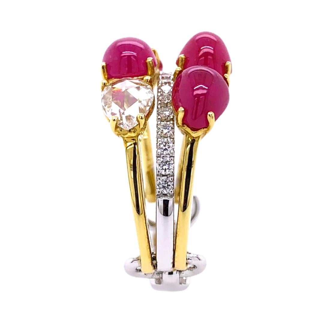 Paris Craft House Cabochon Ruby Diamond Cluster Ring in 18k White/Yellow Gold In New Condition For Sale In Hong Kong, HK