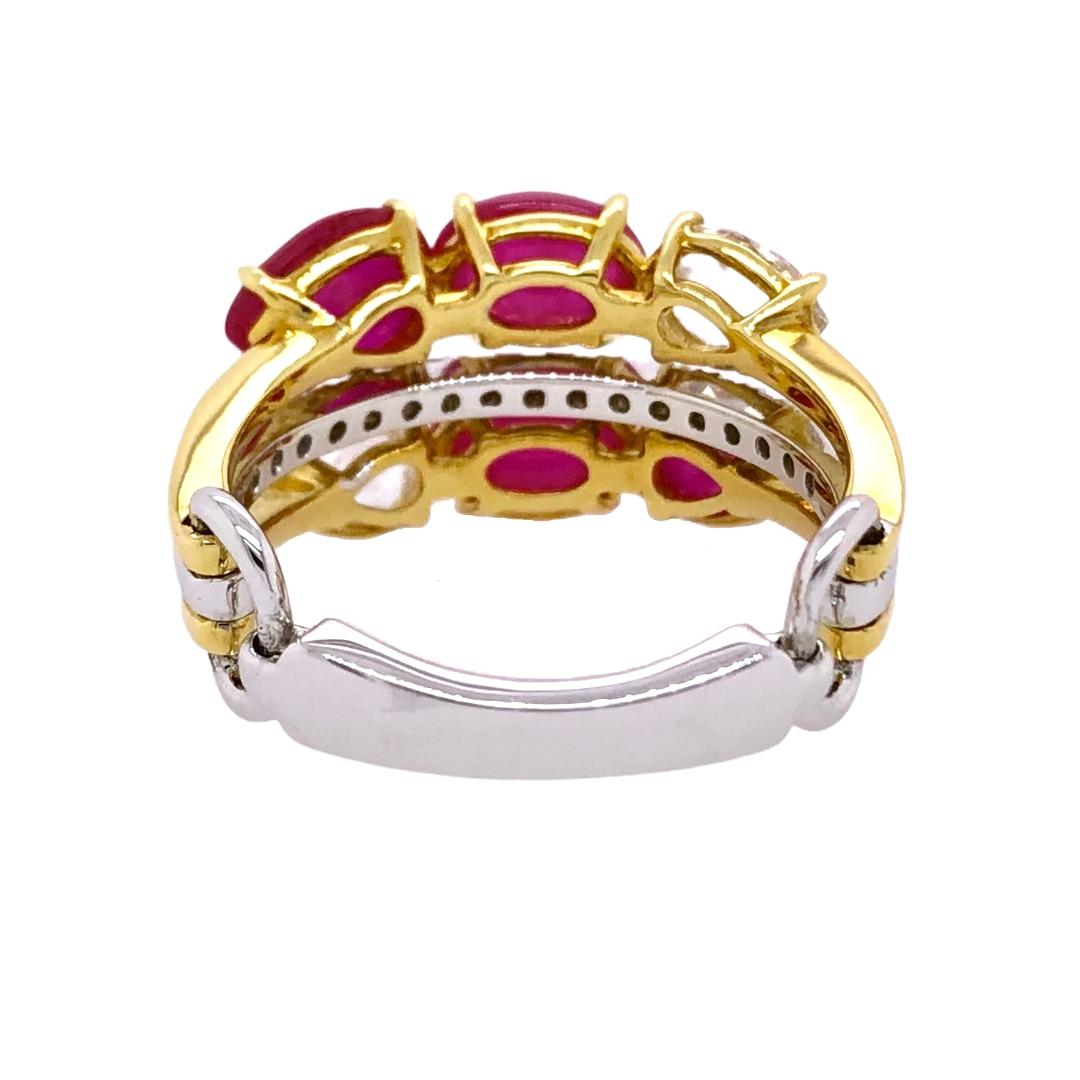 Women's or Men's Paris Craft House Cabochon Ruby Diamond Cluster Ring in 18k White/Yellow Gold For Sale