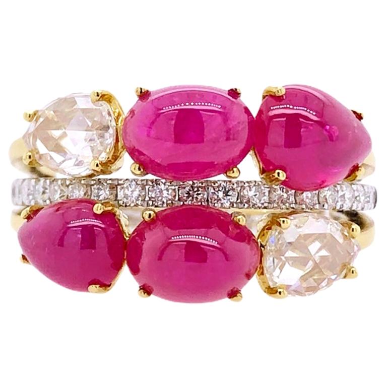 Paris Craft House Cabochon Ruby Diamond Cluster Ring in 18k White/Yellow Gold For Sale