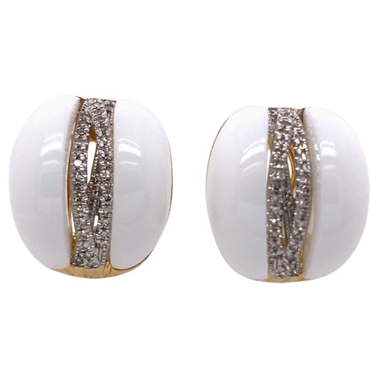 Paris Craft House Ceramic Diamond Earrings in 14 Karat Yellow Gold For Sale