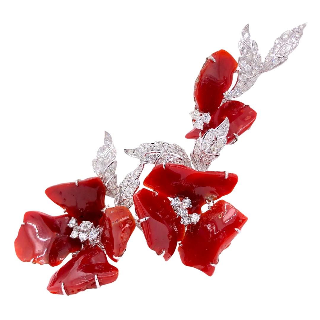 Paris Craft House Coral Diamond Flower Brooch in 18 Karat White Gold For Sale