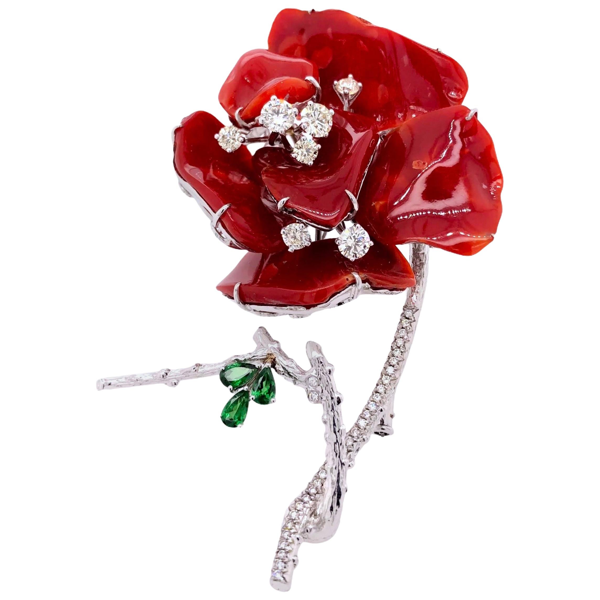 Paris Craft House Coral Garnet Diamond Flower Brooch in 18 Karat White Gold For Sale