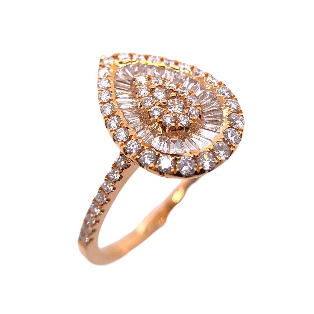 PARIS Craft House Diamond Cluster Ring. Featured in the article is this elegant tear drop diamond ring crafted in 18 Karat Rose Gold with combination of 53 Round Diamonds, 24 Tappered Diamonds and 3 Baguette Diamonds, set exceptionally in Cluster