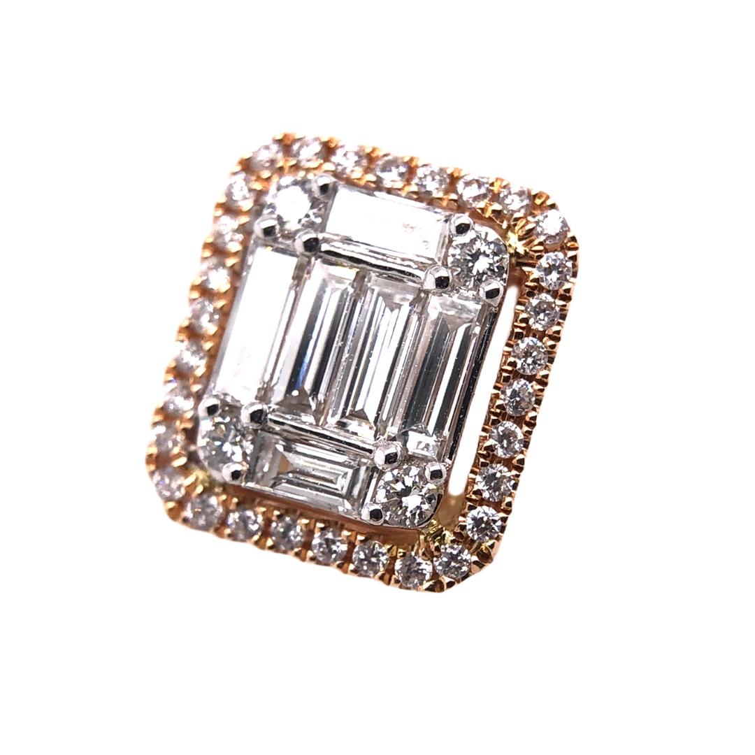 Crafted in 18 Karat Rose Gold, PARIS Craft House offers a pair of matching earrings in combination of 12 Baguette-cut Diamonds weighing 0.47ct and 68 Round Diamonds weighing 0.27ct clustered together in Illusion setting. An illusion setting is a