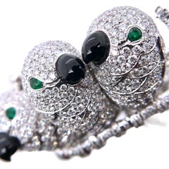 Paris Craft House Diamond Emerald Onyx Bird Brooch in 18 Karat White Gold