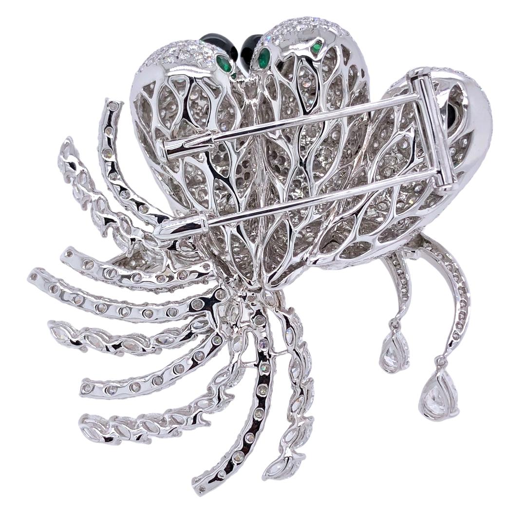 Modern Paris Craft House Diamond Emerald Onyx Bird Brooch in 18 Karat White Gold For Sale