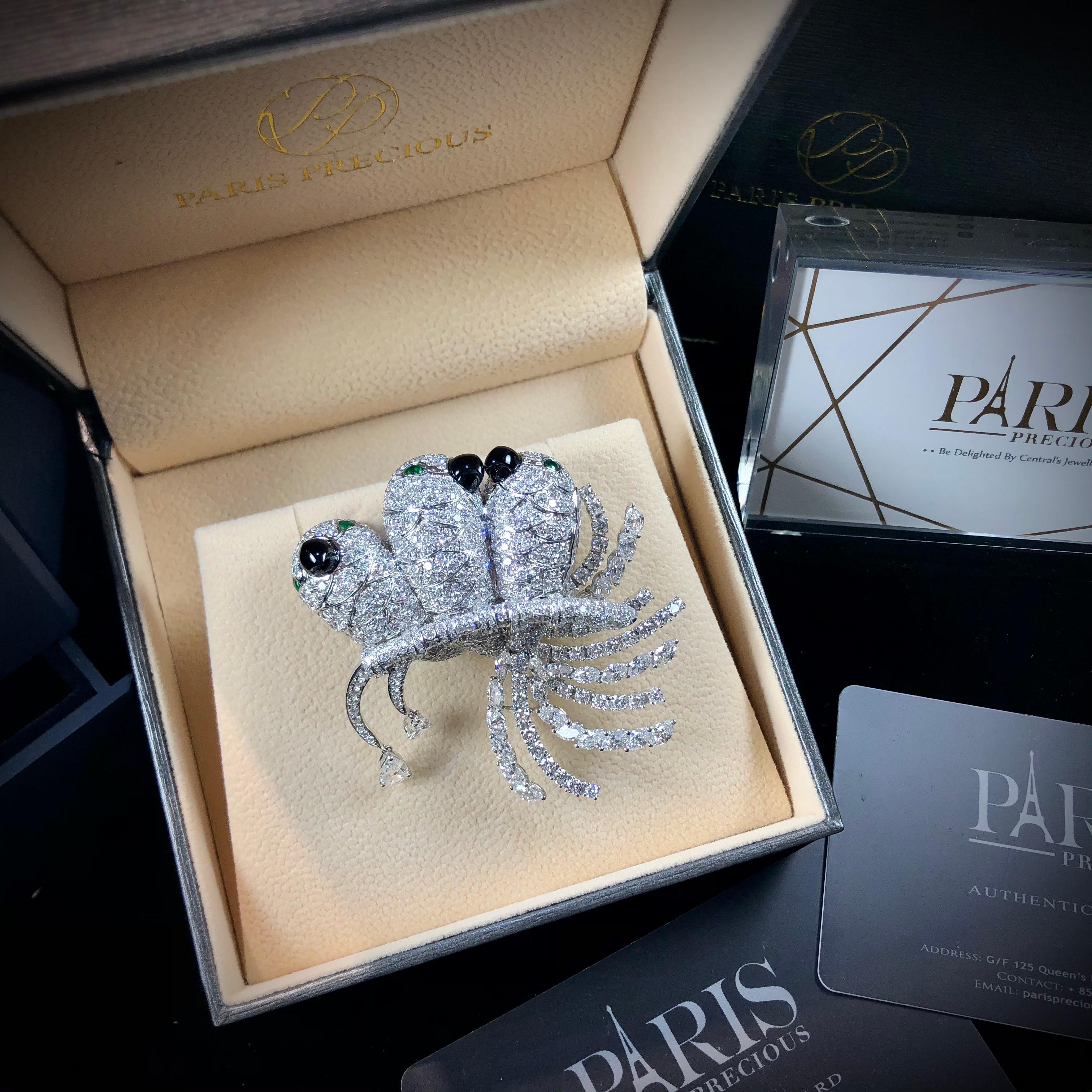 Paris Craft House Diamond Emerald Onyx Bird Brooch in 18 Karat White Gold For Sale 1