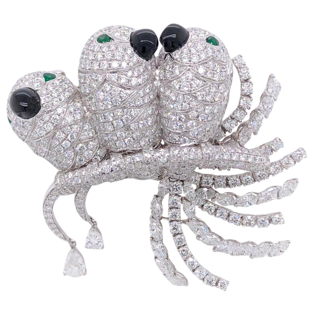 Paris Craft House Diamond Emerald Onyx Bird Brooch in 18 Karat White Gold For Sale