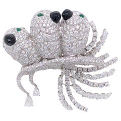 Paris Craft House Diamond Emerald Onyx Bird Brooch in 18 Karat White Gold