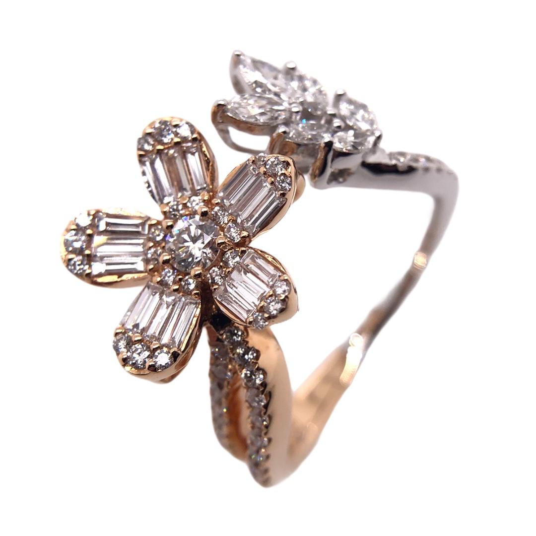 Modern Paris Craft House Diamond Floral Ring in 18 Karat White or Rose Gold For Sale