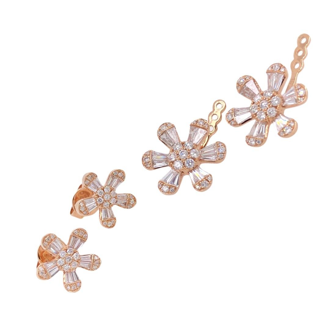 PARIS Craft House Diamond Flowers Earrings in 18 Karat Rose Gold.

- 44 Tappered Diamonds/1.57ct
- 94 Round Diamonds/0.82ct
- 18K Rose Gold/7.10g
- Detachable Flowers

Designed and crafted at PARIS Craft House.
