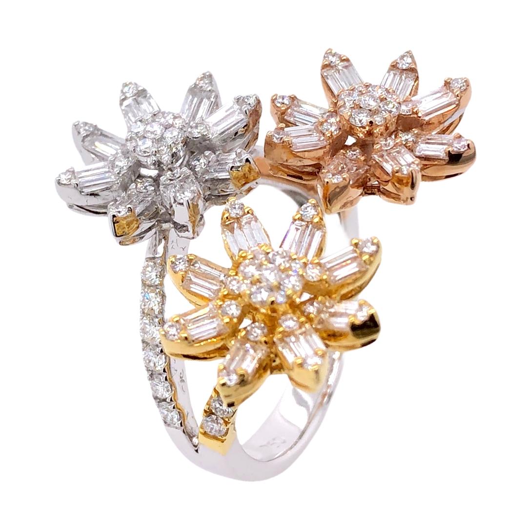 PARIS Craft House Diamond Flowers Ring.

- 108 Round Diamonds/0.82ct
- 35 Baguette Diamonds/0.48ct
- 18K White/Yellow/Rose Gold
- Ring size/US 6.5

Designed and crafted at PARIS Craft House.