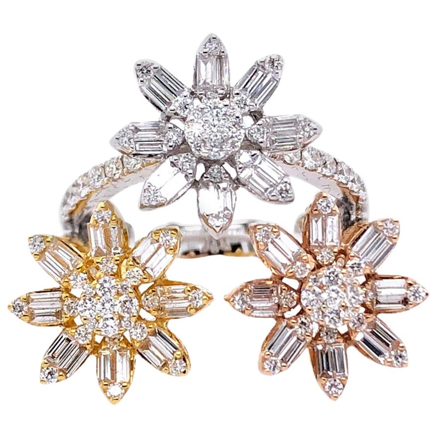 Paris Craft House Diamond Flowers Ring in 18 Karat White/Yellow/Rose Gold For Sale