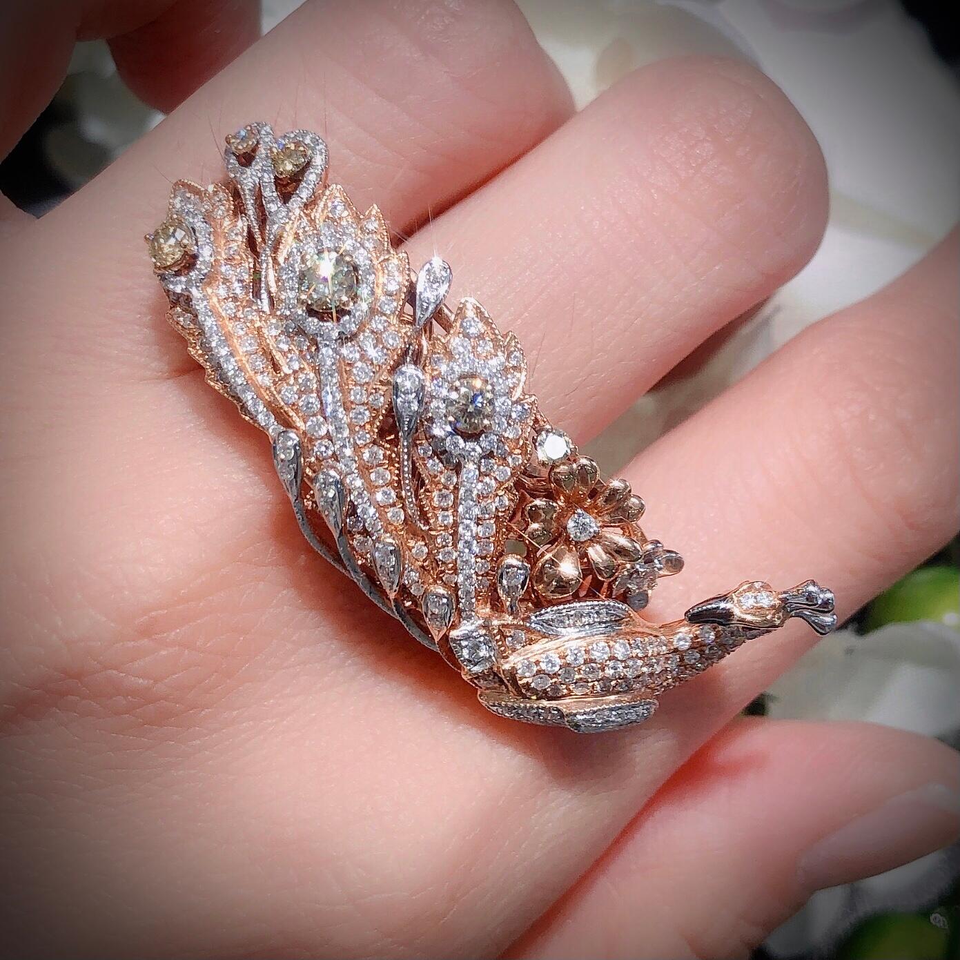 Modern Paris Craft House Diamond Ruby Peacock Bird Ring in 18 Karat White and Rose Gold For Sale