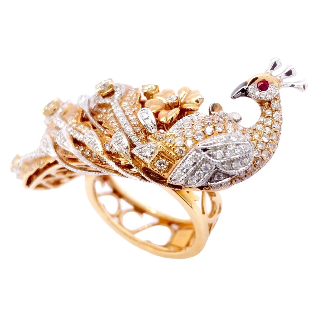 Paris Craft House Diamond Ruby Peacock Bird Ring in 18 Karat White and Rose Gold For Sale