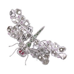 Paris Craft House Diamond Sapphire Garnet Dragonfly Brooch in 18 Karat Gold