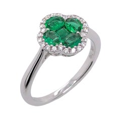 Paris Craft House Emerald Diamond Clover Ring in 18 Karat White Gold
