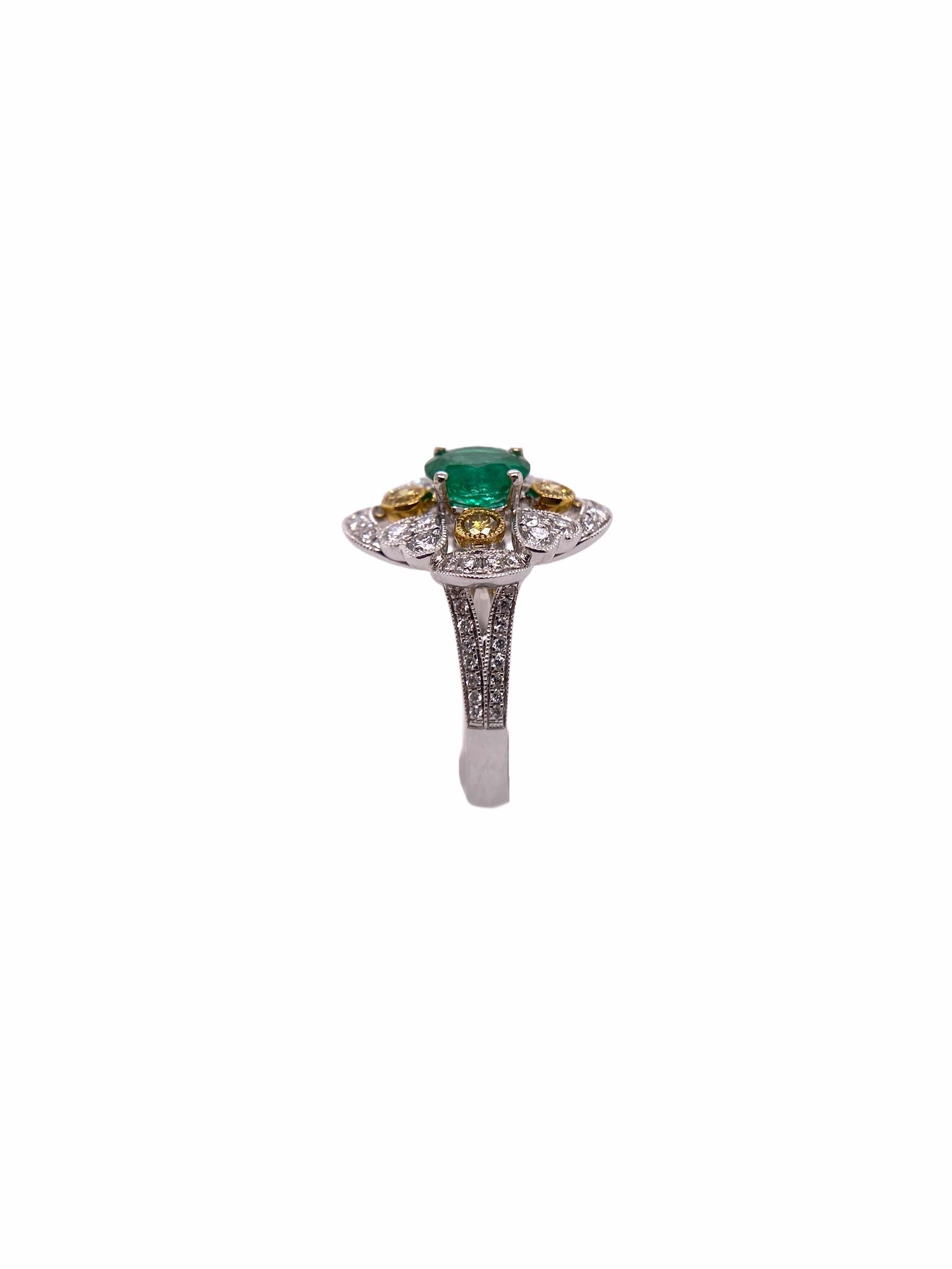 Art Deco Paris Craft House Emerald Yellow Diamond Filigree Ring in 18 Karat White Gold For Sale