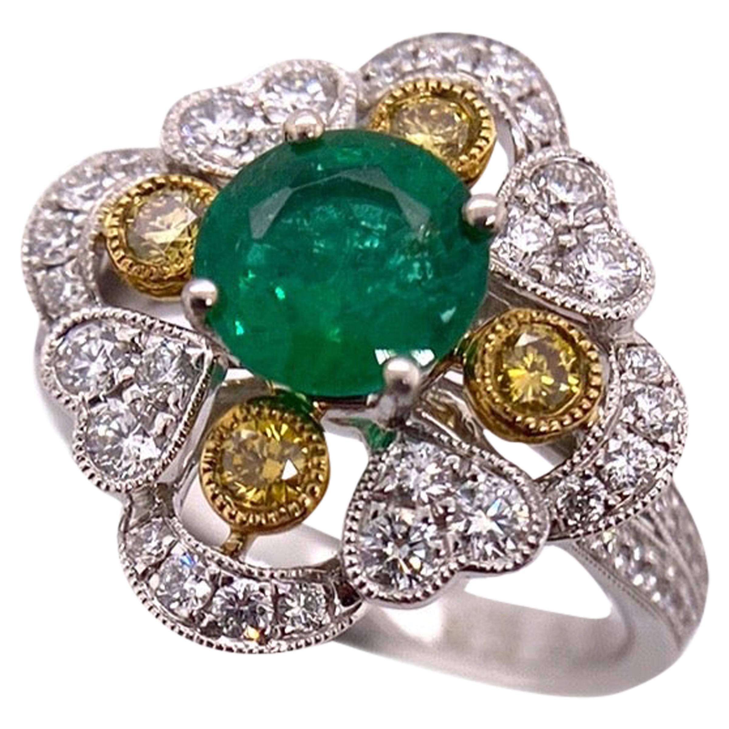 Paris Craft House Emerald Yellow Diamond Filigree Ring in 18 Karat White Gold For Sale