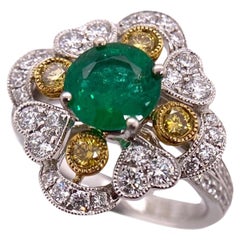 Paris Craft House Emerald Yellow Diamond Filigree Ring in 18 Karat White Gold