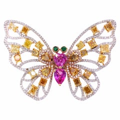 Paris Craft House Fancy Diamond Pink Sapphire Emerald Butterfly Ring in 18K Gold