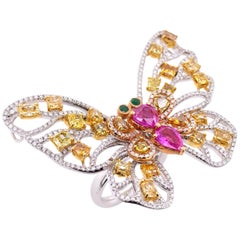 Paris Craft House Fancy Diamond Pink Sapphire Emerald Butterfly Ring in 18K Gold