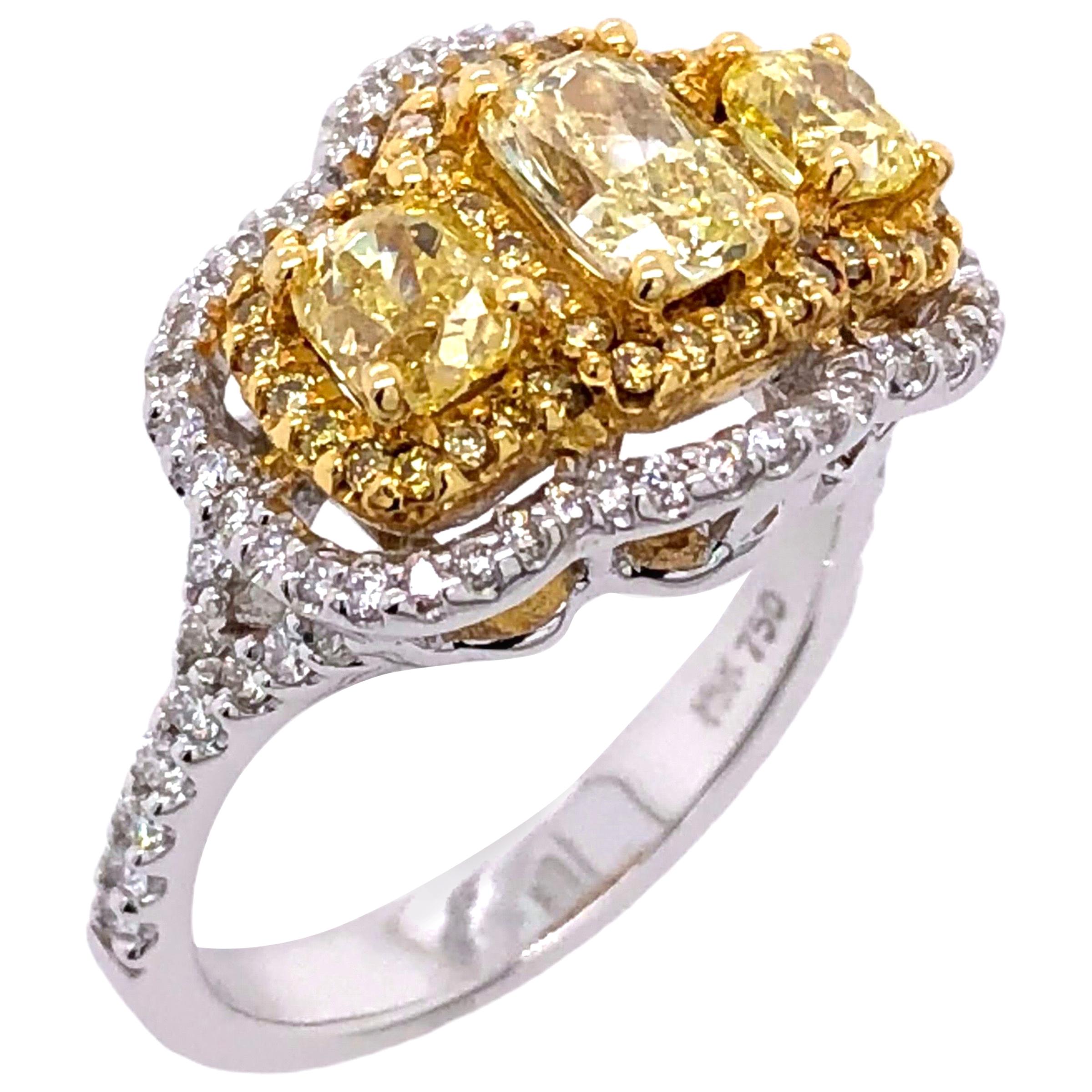 Paris Craft House Fancy Yellow Diamond Three-Stone Ring in 18 Karat Gold For Sale