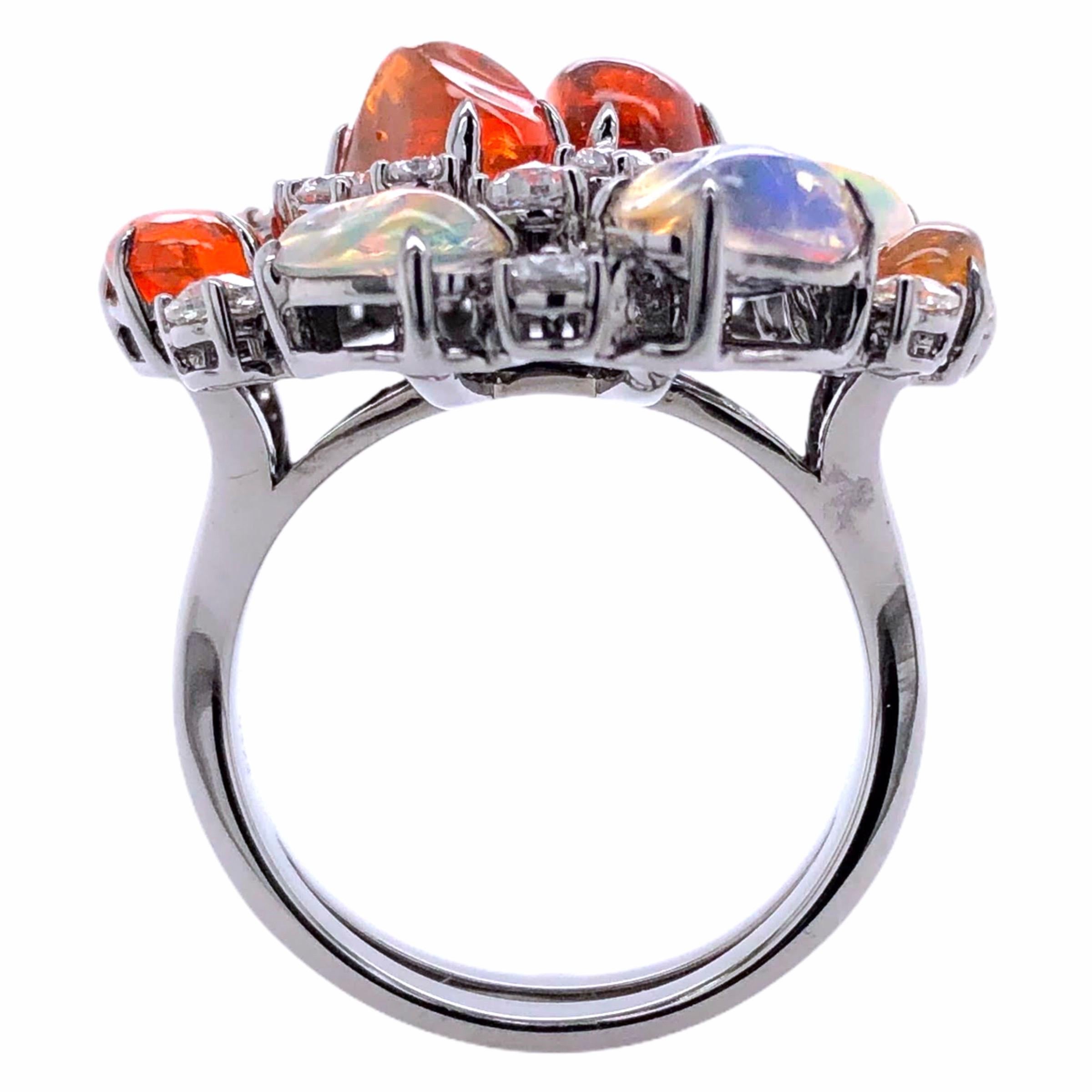Cabochon Paris Craft House Fire Opal Diamond Ring in 18 Karat White Gold For Sale
