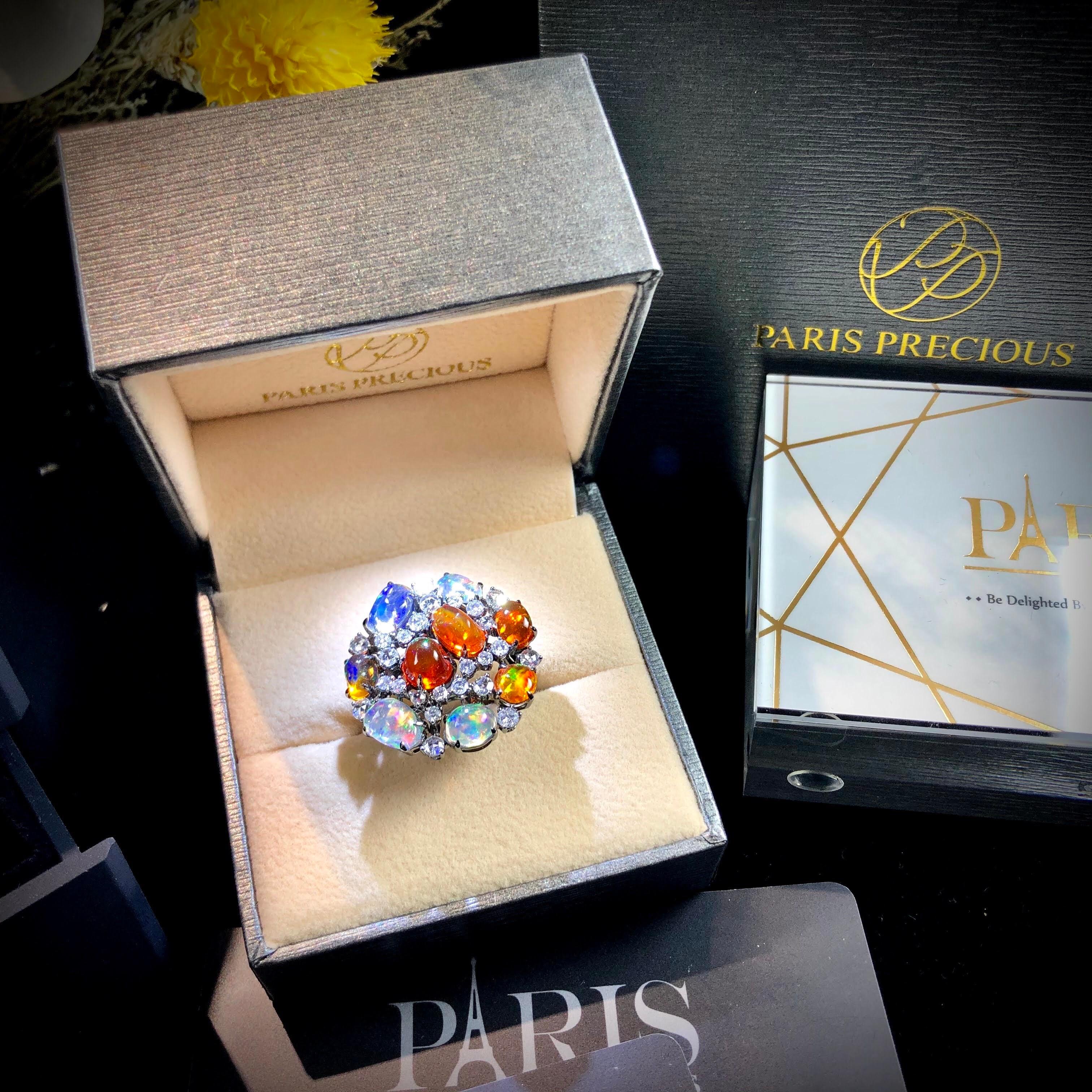 Women's Paris Craft House Fire Opal Diamond Ring in 18 Karat White Gold For Sale
