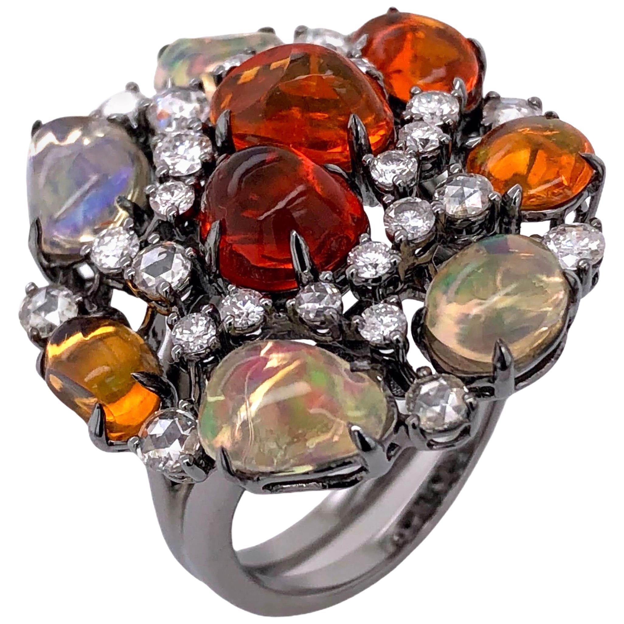 Paris Craft House Fire Opal Diamond Ring in 18 Karat White Gold For Sale