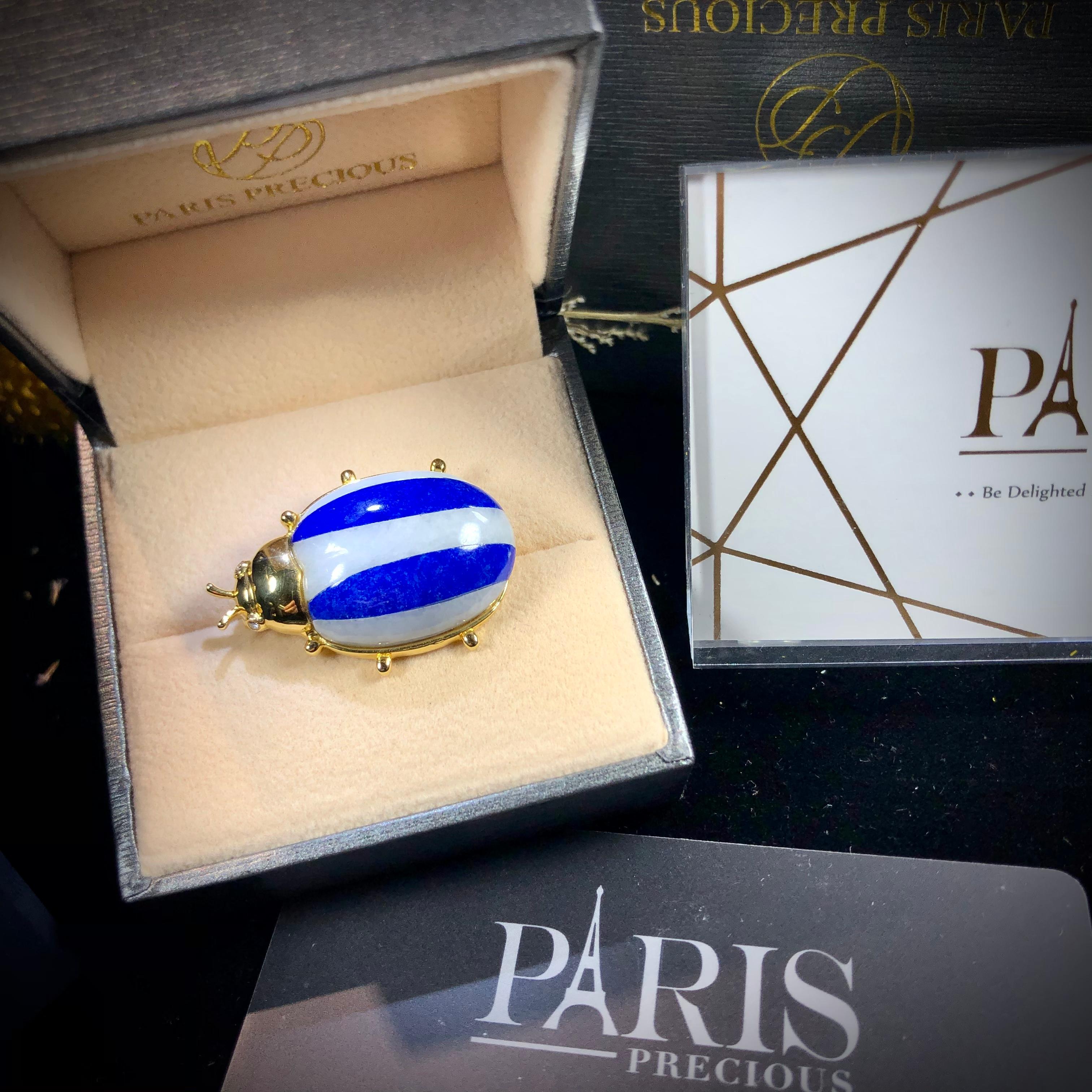 Paris Craft House Lapis Lazuli Ladybird Brooch in 18 Karat Yellow Gold For Sale 3